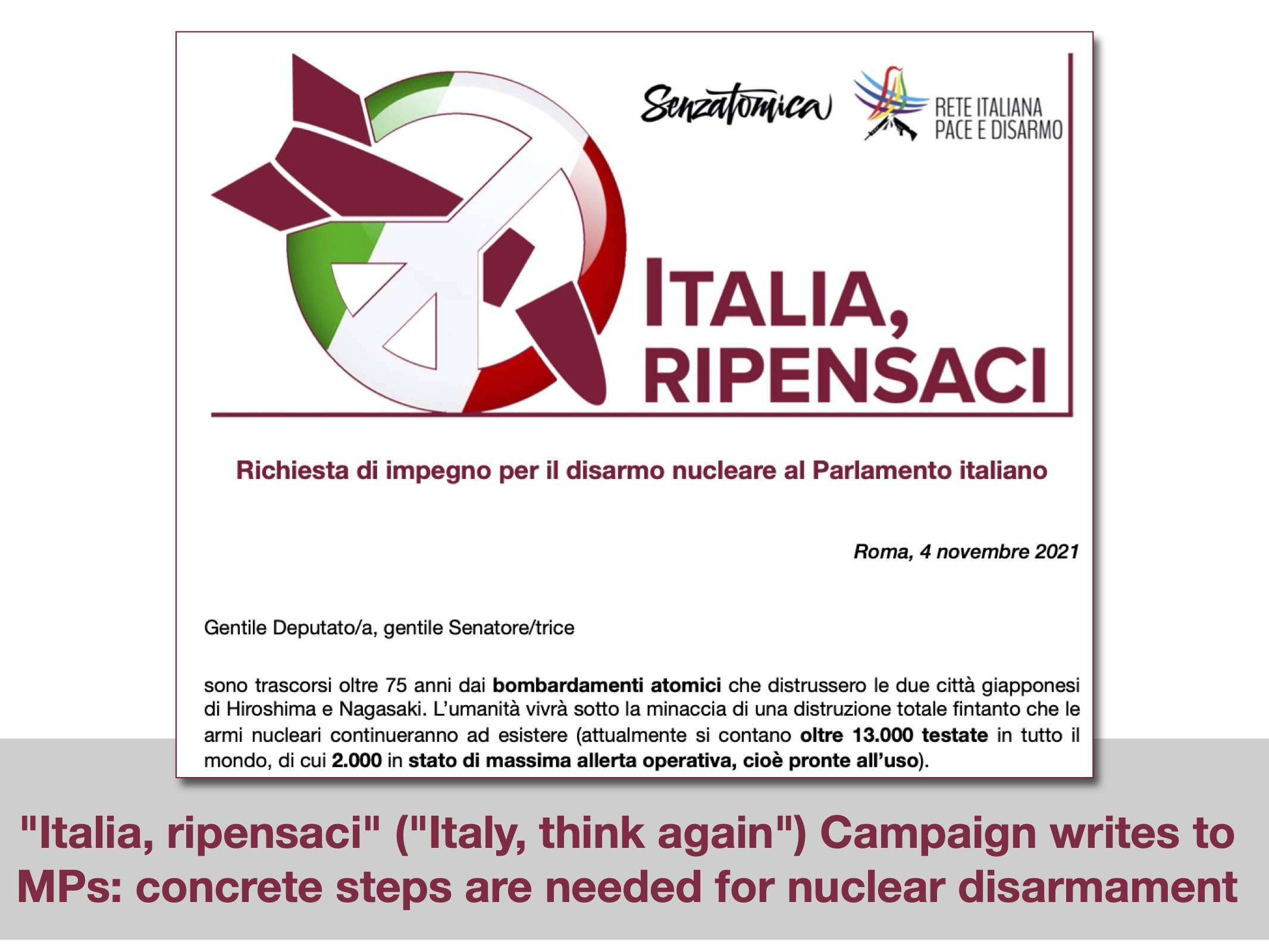 “Italia, ripensaci” (“Italy, think again”) Campaign writes to MPs: concrete steps are needed for nuclear disarmament